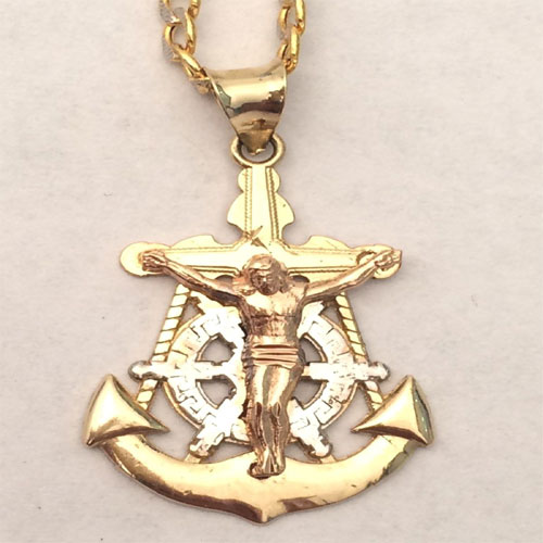 10k Tri Tone Gold Jesus Crucifix Anchor Mariner Ship Wheel Pendant