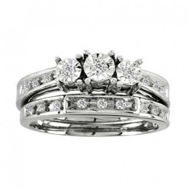 10kt White Gold Past Present Future Three Stone Diamonds Wedding Bridal Ring Set (0.35ctw) by RG&D