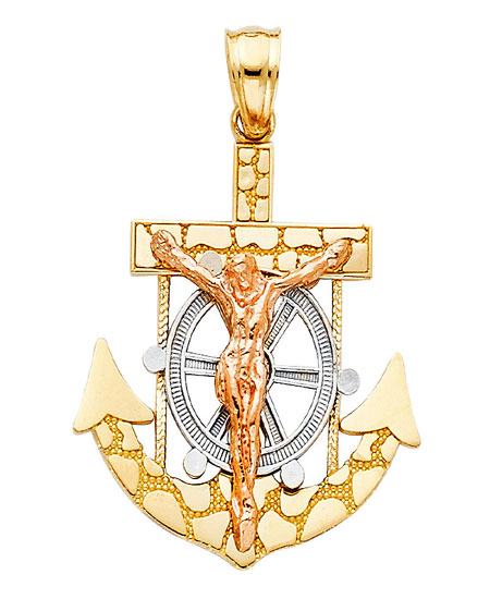 14K Yellow White Rose Real Gold Rope Anchor Jesus Cross Ship Wheel ...