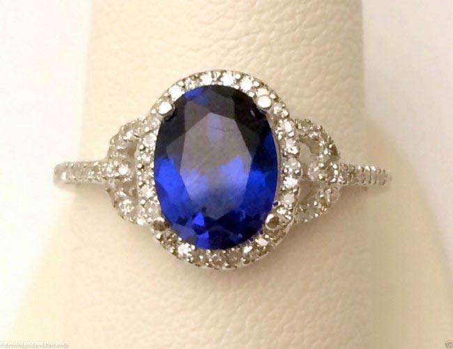 10kt White Gold Oval Halo Vintage Genuine Sapphire Diamonds Engagement ...