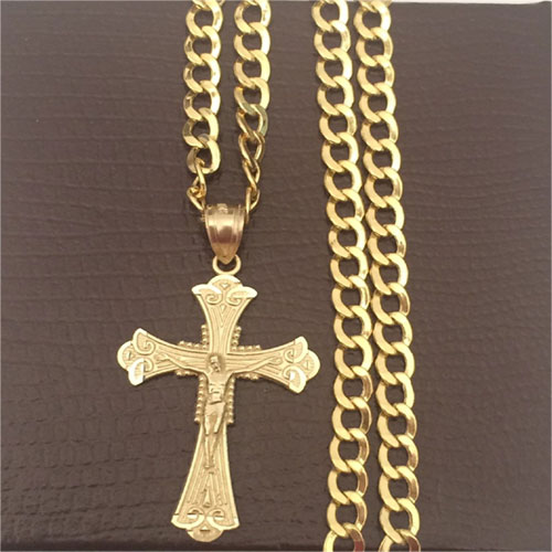 10k Yellow Gold Jesus Crucifix Cross Pendant Charm Cuban Link Chain 20 ...