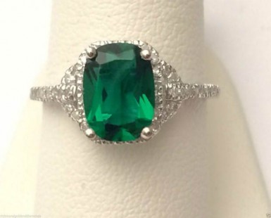 10kt White Gold Radiant Cut Halo Vintage Style Emerald Diamond ...
